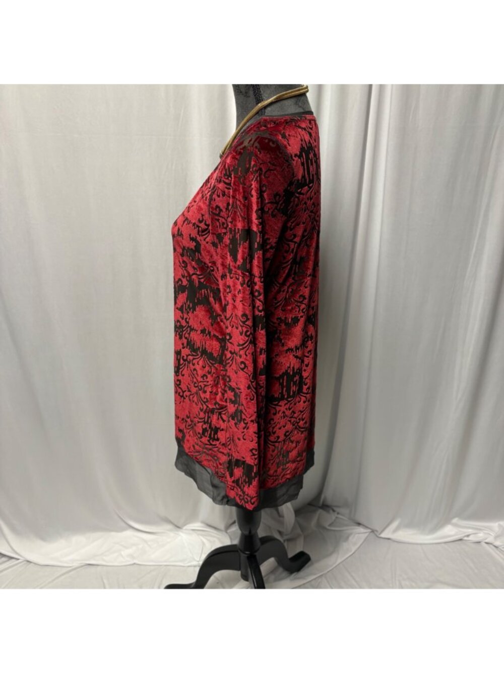 Simply Vera Wang Velvet Burnout Tunic Top Womens Medium Red Sheer Long Sleeve - Picture 3 of 9